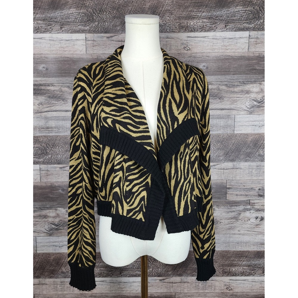Kim Rogers Zebra Print Cardigan XL Tan Black Open Front Cropped Sweater L/S